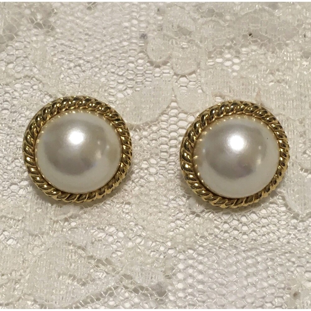 Vintage Napier Earrings Gold Tone Faux Pearl Classic Elegant Everyday Jewelry